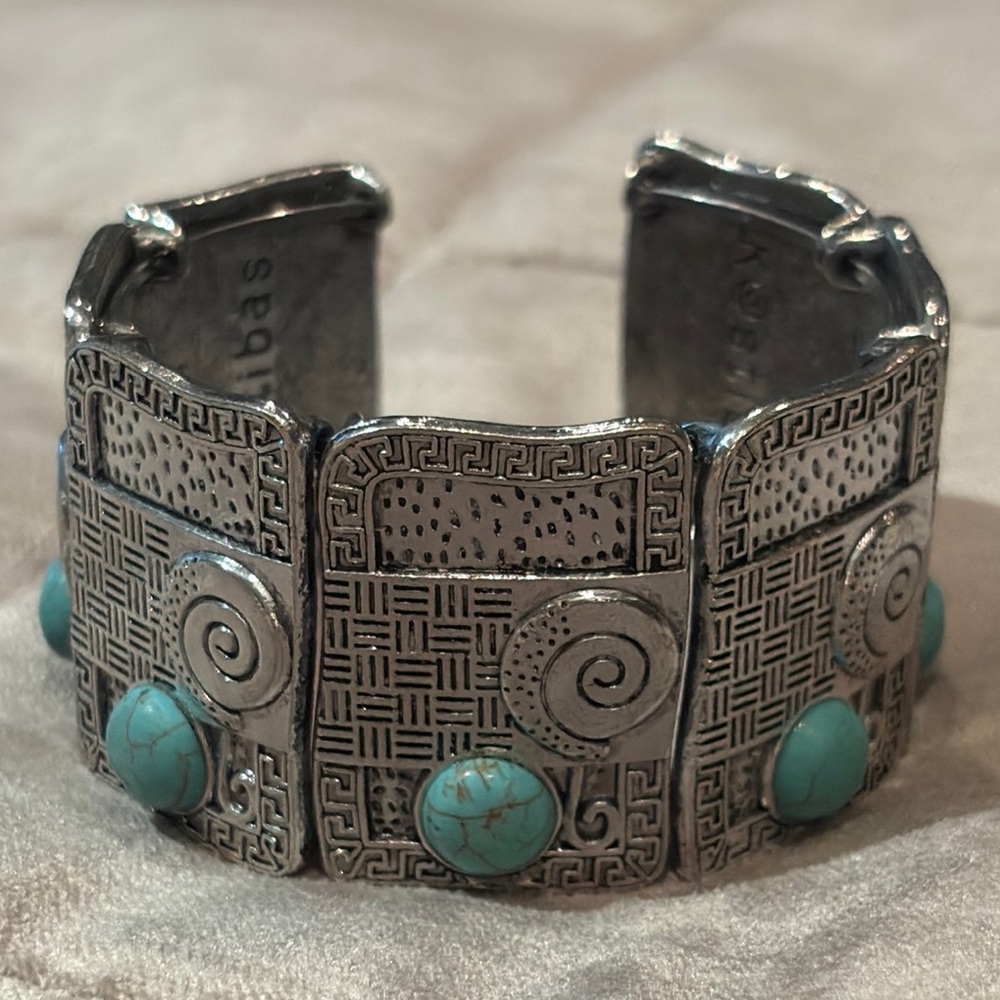 K Stibas Greek Silver and Blue Turquoise Artisanal Cuff Bracelet 6-8” Structured